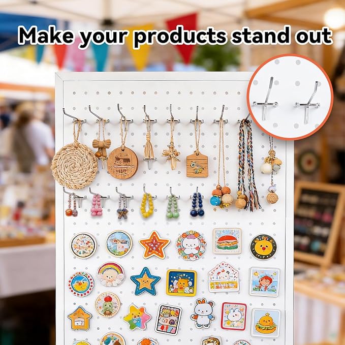 2'×5.5' Standing Peg Board Display Stand with Wheels & 30 Hooks & T-Base, Metal Portable Heavy Duty Pegboard Display Rack with Locking Casters for Retail Store, Craft Show, Vendors, Art Display White
