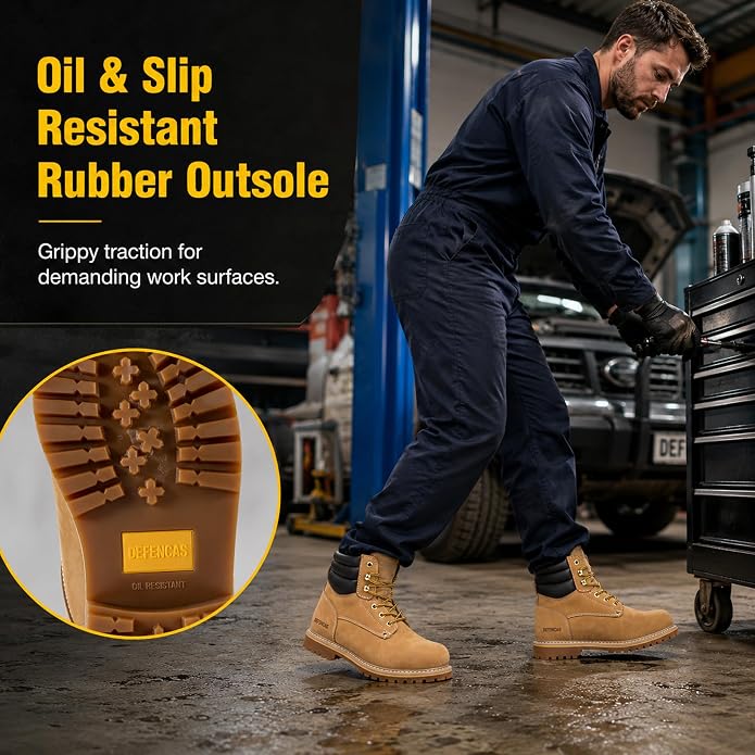 Men's 6" Leather Steel Toe Work Boots for Men, Oil/Slip Resistant Rubber Sole, Men's Safety Construction Boots. 84710