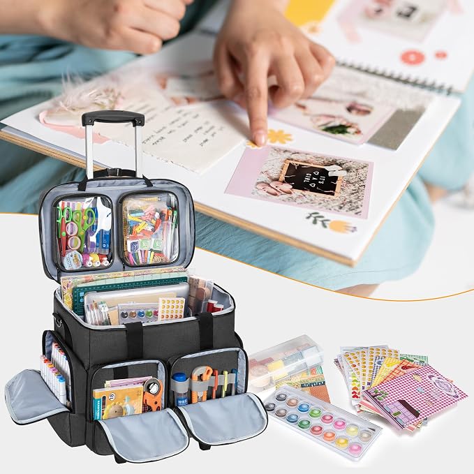 CURMIO Rolling Scrapbook Bag, Craft Bag with Wheels for Paper, Ablum, Black | Crafts Supplies Tote with Wheels, with 2 detachable zipper pouches, Removable Bottom Board, Shoulder Straps, Large Capacity
