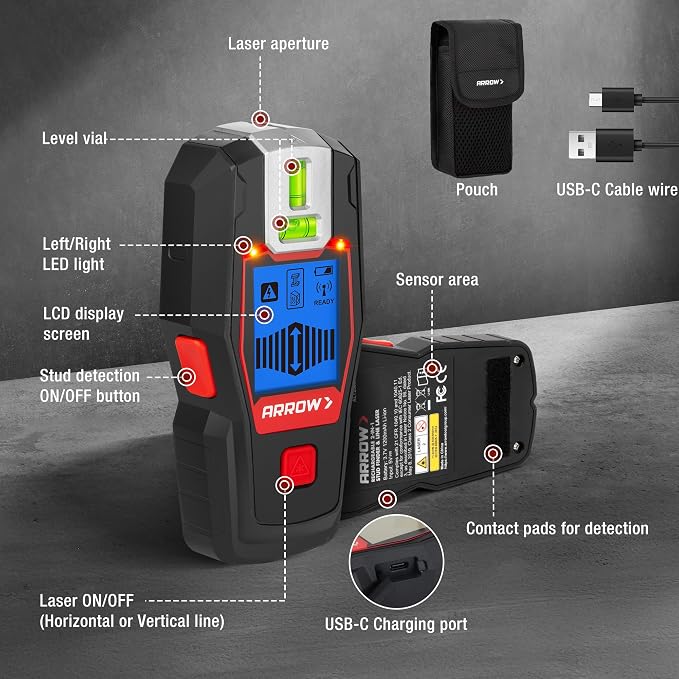 ARROW 2-in-1 Stud Finder with Laser Level, Rechargeable Wall Stud Scanner & Vertical Line Laser for Hanging Frames & Picture, Wood Ac Wire Metal Studs Joist Pipe Detection