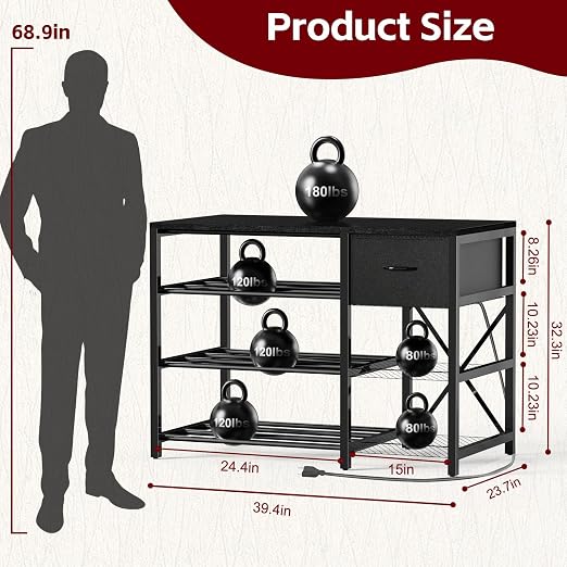 3D Printer Stand with Filament Storage Rack, Black 3D Printer Table with Power Outlet, 3-Tier Filament Holder with Drawer, 3D Printer Filament Stand Organized for Office Workshop Studio