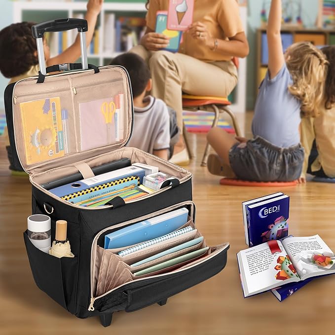 LUXJA Rolling Teacher Bag with Laptop Compartment and Detachable Dolly, Multifunctional Rolling Briefcase with Accordion File Area (Patented), Black