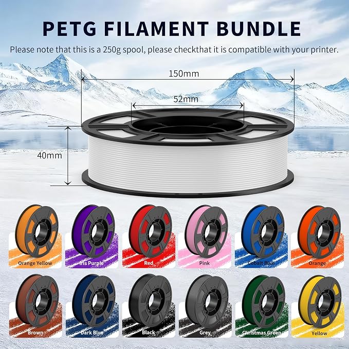 PETG Filament 1.75mm 250G*16, 3D Printer Filament Bundle, High Strength & Tangle-Free, Dimensional Accuracy +/- 0.03mm, Easy to Use, Fit for Most FDM 3D Printers, 0.25KG Spool,16 Packs Bundle