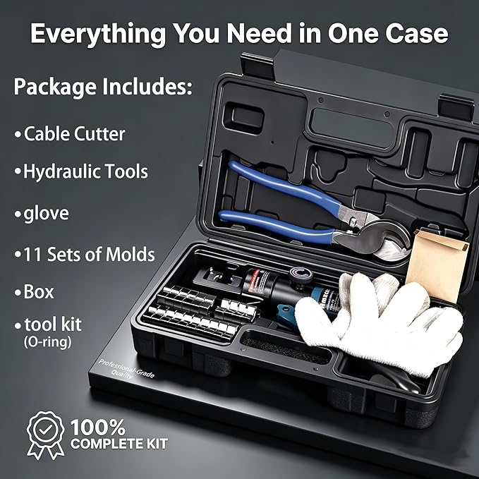 AMZCNC Hydraulic Crimping Tool, Battery Cable Crimper 12AWG–4/0AWG, 11 US Hex Dies, 10-Ton Hydraulic Crimper for Electrical Lugs,Cutter & Case (YQK-0000 and cut)