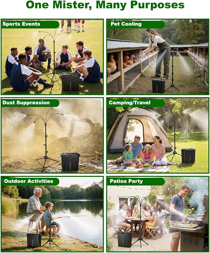 Ausic Portable Misting System with Stand, Water Cooling Misters Set for Outside Patio - 9L Bucket Built-in 10000mAh Battery & PCS Pump & Timer for Outdoor, Canopy, Sport, Golf, Beach, Greenhouse, Camp