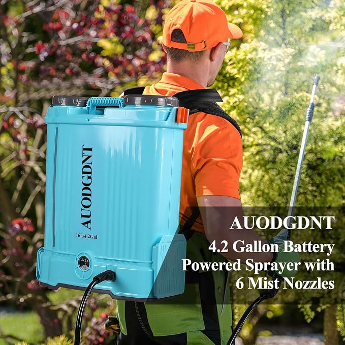 Battery Powered Backpack Sprayer 4 Gallon with Auto-Mixing System, 2 Spray Wands (Stainless Steel & Fiberglass), 100 PSI Electric Sprayer with 21V 2.6Ah Battery & 6 Nozzles, for Weeding, Spraying