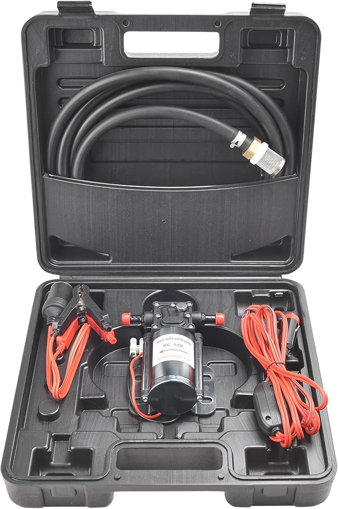 Fuel Transfer Pump Kit with Carrying Case, 12 Volt Electric Fuel Transfer Pump, High Efficiency Self-priming Pump for Pumping Gasoline, Diesel, Kerosene, Water and Liquids