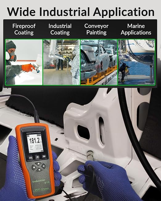 Coating Thickness Gauge Industrial-818 with External Probe – 0–197 mil (0–5000μm) Fe / 0–120 mil (0–3000μm) NFe, 0.001 mil Resolution, Factory/Zero/Multi-Point Calibration, Memory, PC Connectivity