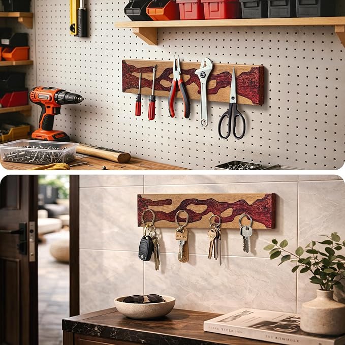 FINDKING Magnetic Knife Strip for Wall, Solid Acacia Wood with Deep Red Resin Inlay, Wall-Mounted Knife Holder with Strong Magnetic Hold, No-Drill Adhesive Mount (16 Inch)