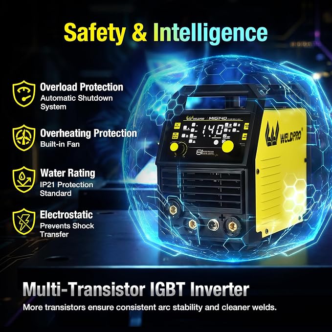 WELDPRO 140A MIG Welder 110/220V, 2026 Newest 5-in-1 Flux Core Welder, Synergic/Thickness Gasless MIG/Lift TIG/MMA/Spot Welding Machine, IGBT Inverter Welder with Large LED Digital Display, 2T/4T