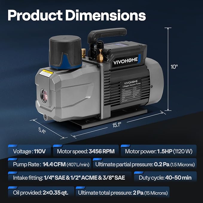 VIVOHOME 1.5 HP 14.4 CFM 2 Stage A2L HVAC Vacuum Pump, Sparkless Motor for R32 R1234yf R454B R134a R22 R410a Systems, Auto AC Vacuum Pump for Air Conditioner Resin Degassing with Oil Bottle