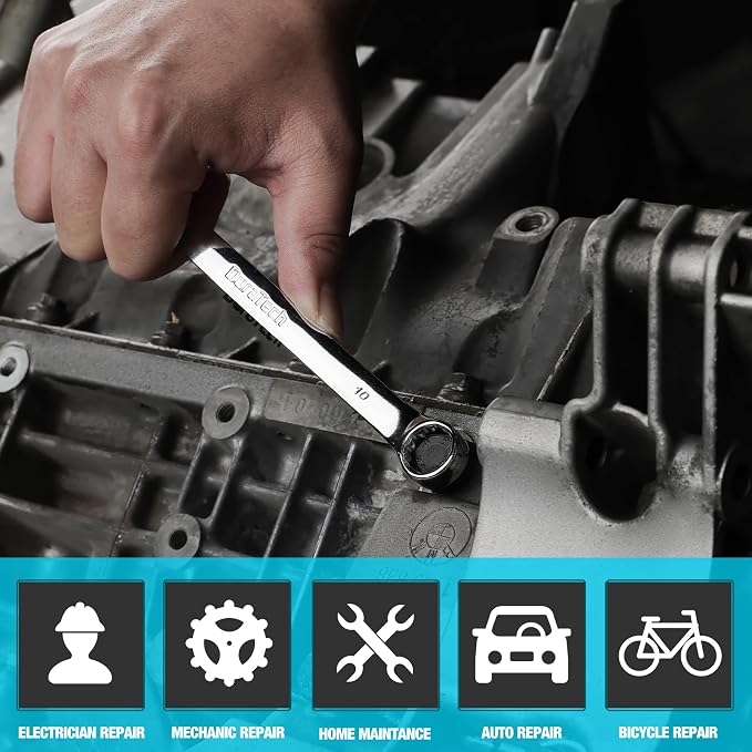DURATECH 10mm Combination Wrench, Metric, CR-V Constructed with Mirror Polish, 12-Point, 15-Degree Offset
