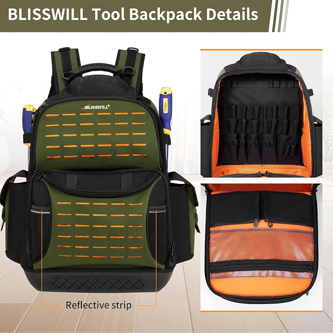 BLISSWILL Tool Bag Backpack for men,Heavy Duty Tool Backpack Bag with Waterproof Molded Base,62 Pockets/40 Loops Heavy Duty Tools Organizer Bags/Electrician/Industrial/Construction Work Backpack