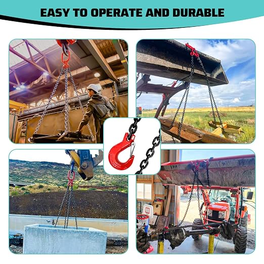 3 Ton Chain Sling 1/4 Inch x 5 Ft Lifting Chains 4 Legs Industrial Grab Hooks 6600LBS Capacity Lifting Slings G80 Alloy Steel Engine Chain Hoist Lifts for Cargo Security Towing and Handling