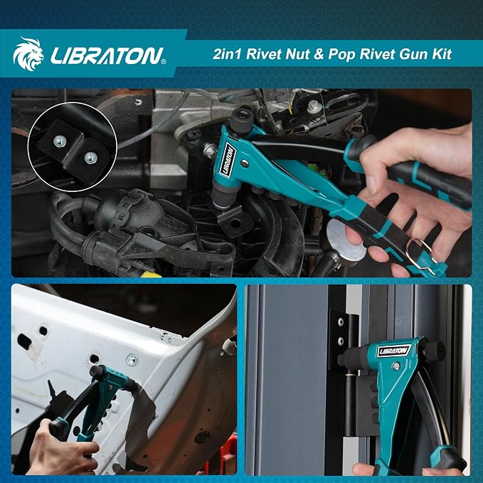 LIBRATON 2in1 Rivet Nut and Pop Rivet Gun Kit, with 8 Mandrels (Metric & SAE), 4 Nose Pieces (2.4-4.8mm), 80 Nuts and 200 Rivets, Adjustable Riveting Tool for DIY & Repair with Carrying Case