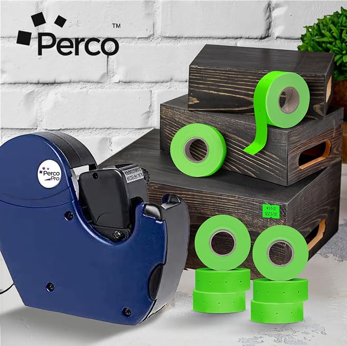 Perco 2 Line Fluorescent Green Labels - 8 Rolls, 1 Sleeve, 6,000 Blank Price and Date Gun Labels for Perco 2 Line Price and Date Guns - Made in USA