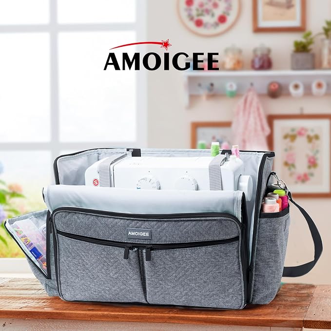 AMOIGEE Full-Open Sewing Machine Case, Large Sewing Machine Storage Bag for Travel - Heavy-Duty Embroidery Tote for Brother Singer Janome Standard Machines Holder with Pocket for Accessories and Tools