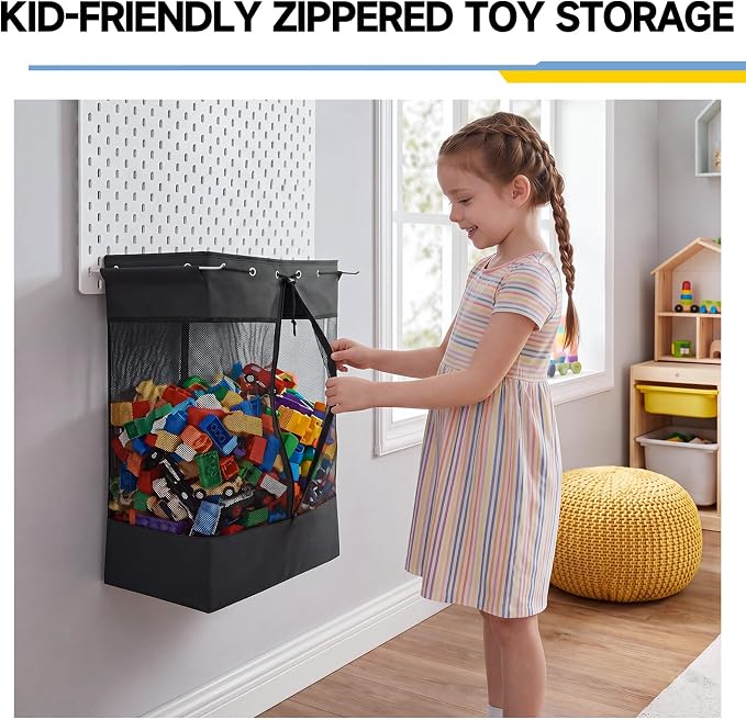 Gerrii 2 Pack Extra Large Pegboard Mesh Storage Baskets with 4 Hooks, 18 x 11 x 26 Inch Pegboard Wall Organizer Accessories with Zippered Front, Large Capacity, for Home Sport Garage Storage