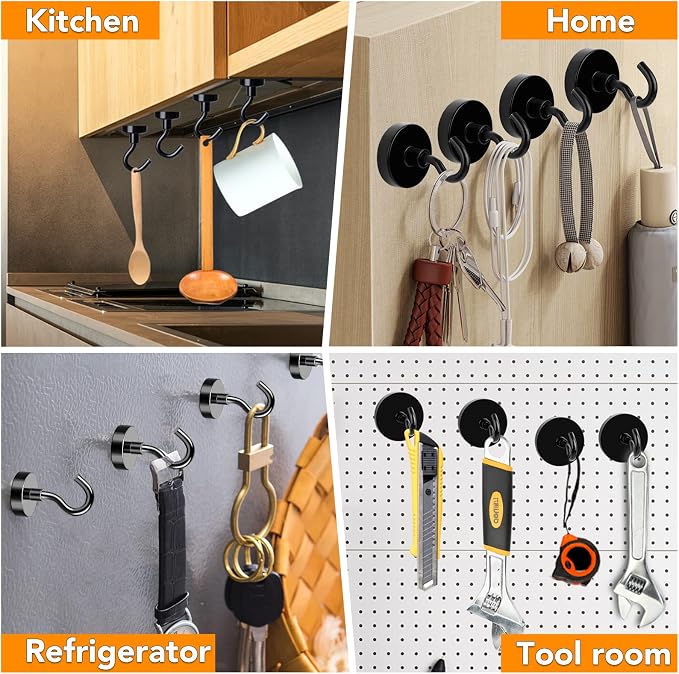 MIKEDE Black Magnetic Hooks Heavy Duty 30Lbs+ | Strong Neodymium Magnets with Metal for Refrigerator Super Cruise Hanging Kitchen Storage Pack of 130