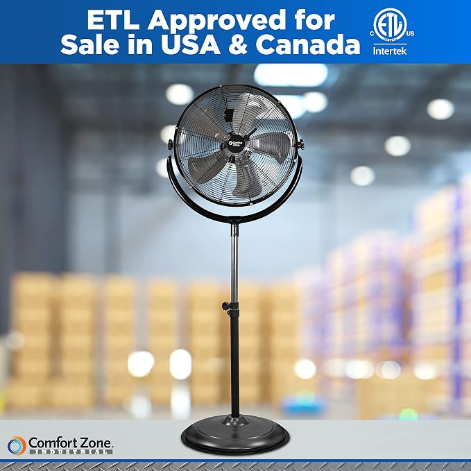 Comfort Zone 20-Inch High-Velocity Industrial Pedestal Fan – Heavy-Duty All-Metal Shop Fan with Aluminum Blades, 3-Speed Slim Profile Stand Fan, 180° Tilt & Adjustable Height for Garage or Warehouse