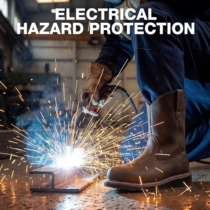 NINGO Soft/Steel Toe Work Boots for Men, Waterproof & Slip Resistant Wellington Leather Boots, Pull On Design, EH Protection with Goodyear Construction Shoes for Industrial, Farm & Welding