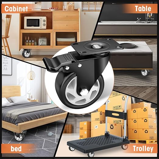 Casters, 4" Caster Wheels,Casters Set of 8 Heavy Duty - ASRINIEY Black Polyurethane Castors, Top Plate Swivel Wheels, 8-Pack Industrial Casters with Brake, Locking Casters for Furniture and Workbench