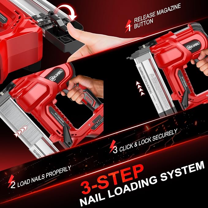 SILVEL 2" Cordless Brad Nailer, 2-in-1 21V Electric Brad Nailer with 2 * 2.0Ah Battery, 1000pcs Nails, 18GA Staples, Adjustable Depth for Woodworking, Home Improvement, Red