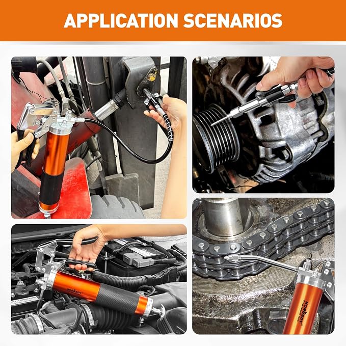 18-Piece 8000PSI Heavy Duty Grease Gun Kit with 14oz Grease, 2x11" Hoses, Flex Hose, Extension Pipes, Lock Coupler, Injector, Sharp Nozzle for Vehicle, Farm, Workshop, Marine, Easy Operation Tool