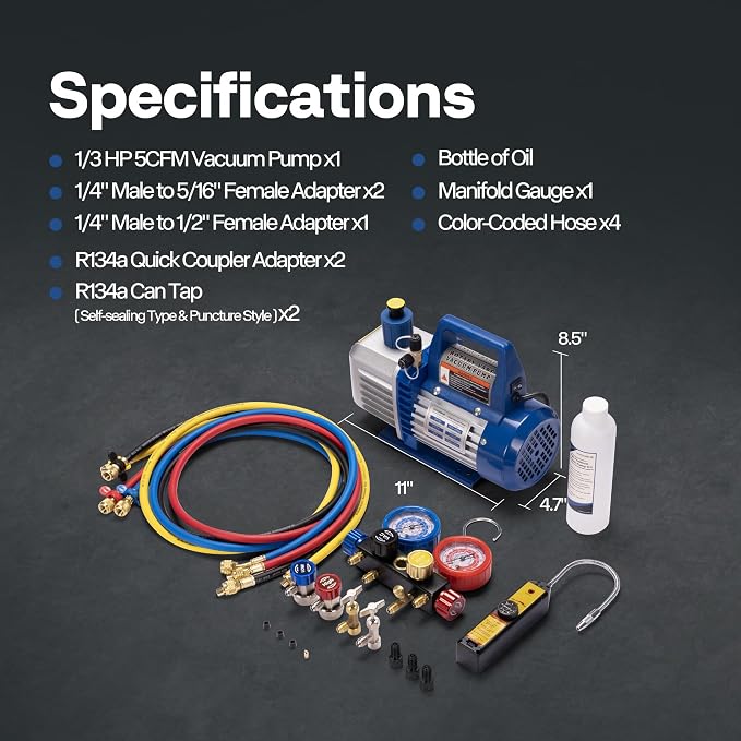 VIVOHOME Upgraded 5CFM 1/3 HP 1-Stage HVAC Vacuum Pump and 4 Way AC Manifold Gauge Set with Leak Detector 5ft Hoses for R134a R12 R22 R502 R410a, Mini Split & Car Air Conditioner Maintenance