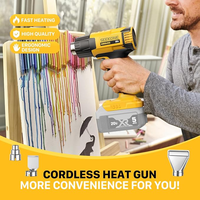 SEEKONE Cordless Heat Gun with 2 Temp Settings 1022℉ and 572℉, Compatible with Dewalt 20V Battery, Fast Heating Hot Air Gun with 3 Nozzles for Shrink Tubing, 3D Printing, Crafting (No Battery)