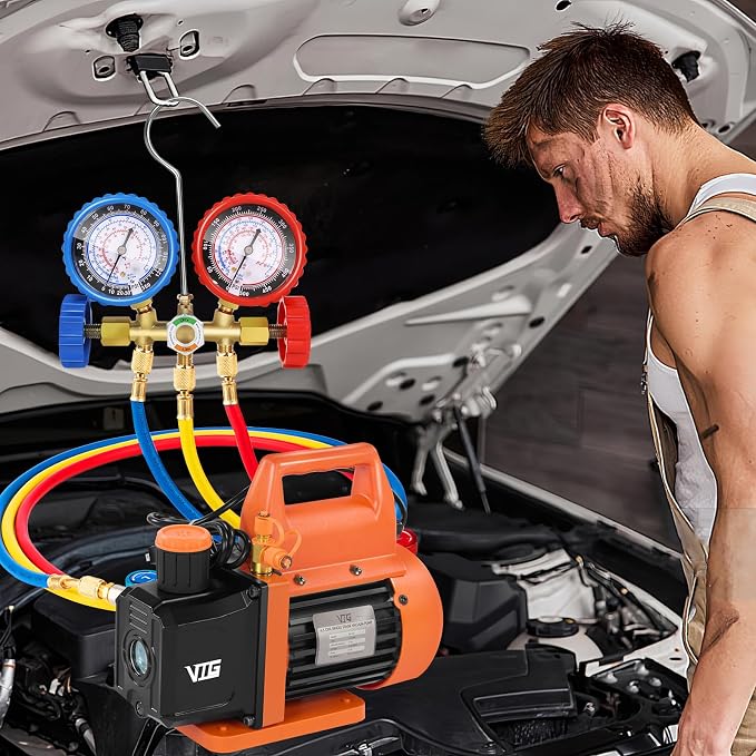 VTG VOGTEN 4.5 CFM AC Vacuum Pump and Gauge Set,for Mini Split/HVAC/Auto Systems,Manifold Gauge Kit Compatible with R134a R12 R22 R502,Includes 3 Hoses, 2 R134a Can Tap,Upgraded Trifold Storage Case
