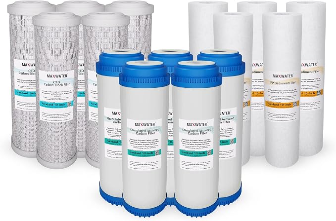 Max Water 5 Micron Replacement 10 x 2.5 inch Filter Cartridge Set For Standard RO | Reverse Osmosis Water Filter Systems - PP Sediment, GAC & CTO | Compatible with AP110, WHKF-GD05, WHKF-WHWC, GAC-10