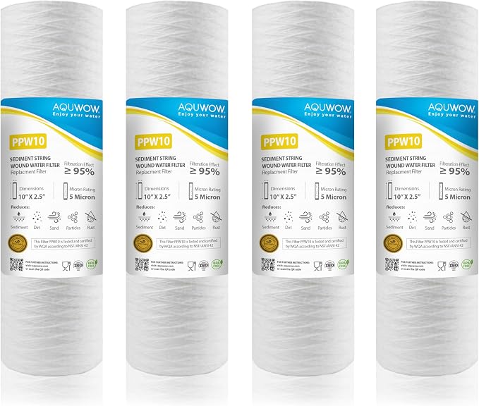 PPW10 5 Micron 2.5" x 10" String Wound Sediment Filter Set – Replacement Cartridges for Whole House & Under Sink Systems, Durable Depth Filtration (4, 10 x 2.5)