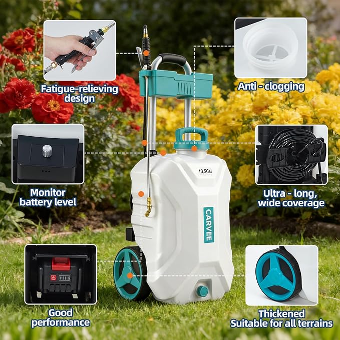 Garvee 10.5 Gallons Battery Powered Sprayer with Wheeled Cart, 18V 4Ah Electric Sprayer with 6 Nozzles & 2 Wands, 4-6 Hour Runtime, 80PSI Adjustable Pressure, Trigger Lock, Yard Sprayers for Lawn