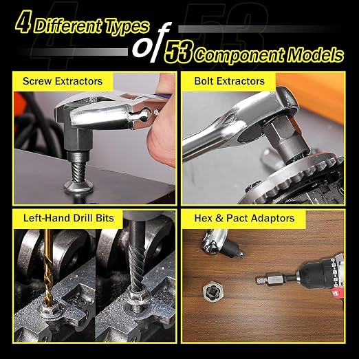 53Pcs Easy Out Screw Extractor Set with Left Hand Drill Bit, Bolt Extractor Kit with Hex Adapter, Stripped Bolt Remover & Reverse Drill Bit for Broken Nuts Screws, Bolts, Studs