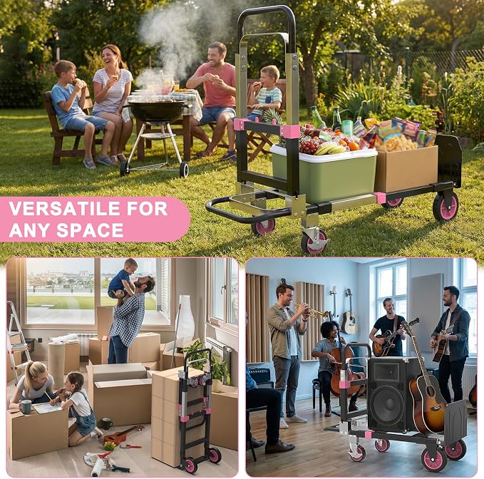 3-in-1 Folding Hand Trucks, 500lbs Convertible Dolly, Dolly Cart with Wheels Heavy Duty, Moving Cart with Retractable Handle, Collapsible Trolley for Moving Office/Home/Warehouse/Boxes/Cartons (Pink)