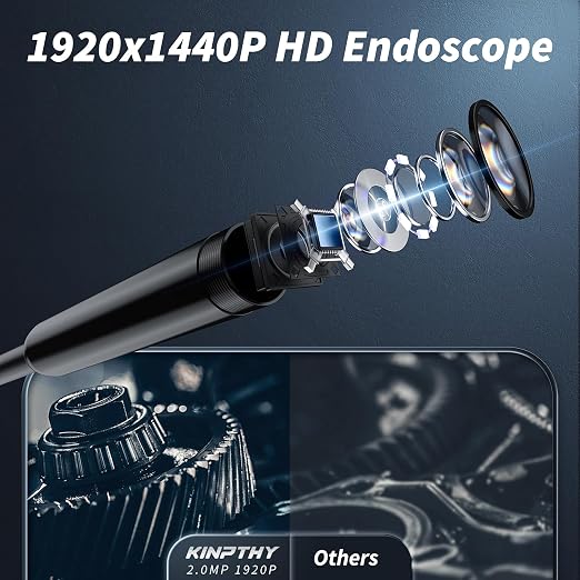 Kinpthy Endoscope Camera with Light, 1920P HD Borescope Tools with 8 Adjustable LED Lights, Endoscope with Semi-Rigid Snake Camera, Inspection Borescope for iOS - 16.3ft Single Line Single Lens