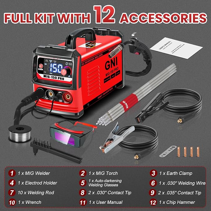 GNI Multiprocess Portable MINI Welder, MIG/TIG/Stick 3 IN 1 Welding Machine | IGBT Inverter Beginner-Friendly MIG Welder Machine with Auto-Darkening Goggles, 150A Flux Core Welder for Home DIY
