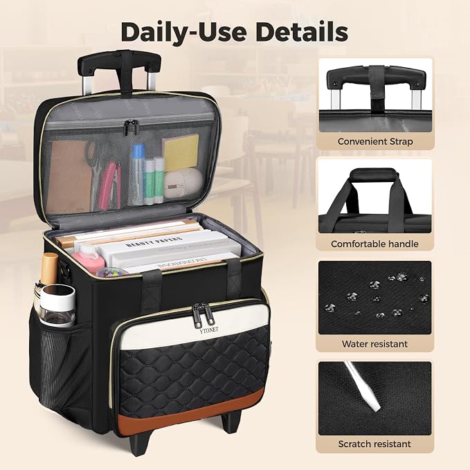 Ytonet Rolling Teacher Bag with Insulated Lunch Carrier, 15.6" Rolling Laptop Bag Women with Detachable Dolly, Large Roller Briefcase for Women Roller Tote Bags for Teacher Work Office Nurse Craft