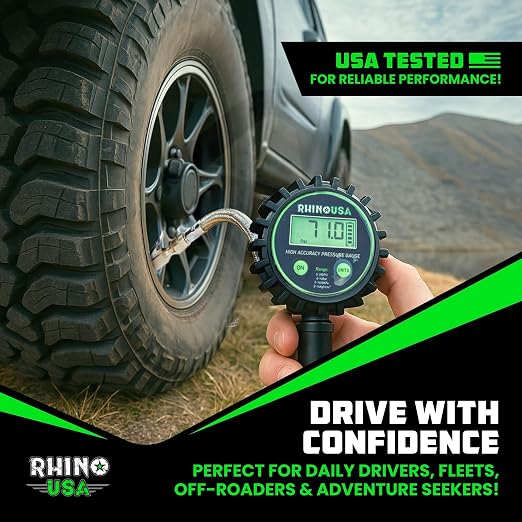 Rhino USA Digital Tire Pressure Gauge with Inflator (0-200 PSI) - Heavy Duty Air Chuck and Compressor Accessories with Stainless Braided Hose, Large 2" Dial and Solid Brass Hardware for Truck and RV