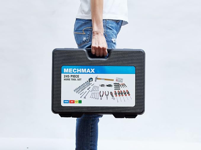 MECHMAX 245-Piece Mechanics Tool Set and Socket Wrench Kit | Comprehensive home and auto repair hand tools with ratchet, wrench, pliers, screwdrivers and hammer. Essential house DIY kit