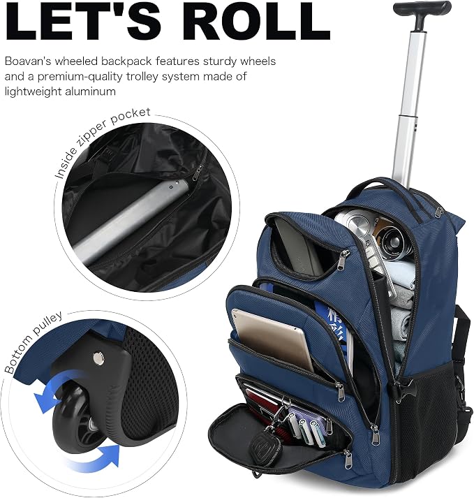 Boavan Rolling Backpack,17 inch Water Resistant Wheeled Backpack,Carry on Luggage Business Bag, Overnight College Computer bag Trolley Suitcase for Men Women Adults to Travel,Black