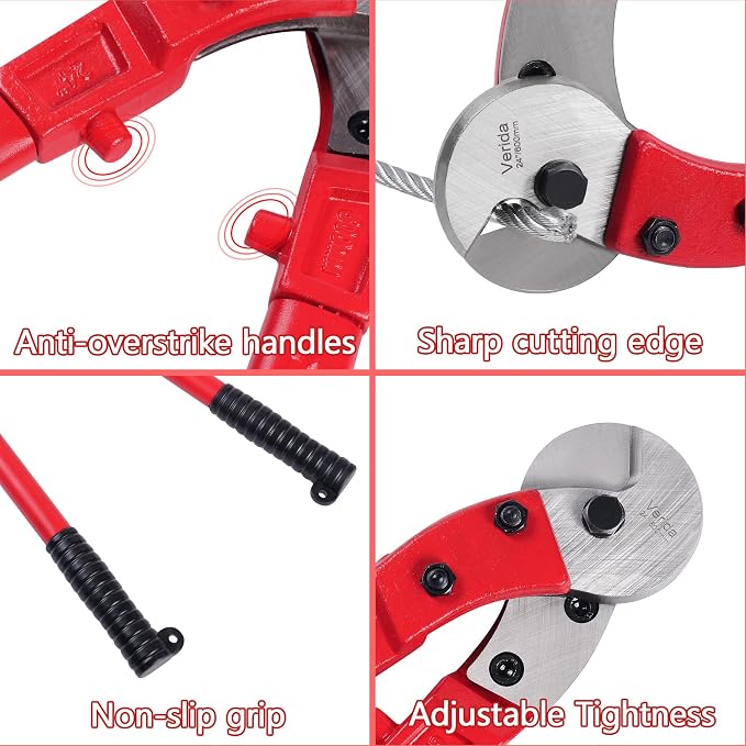 Verida Wire Cutters 18 inch, Industrial-Grade Heavy Duty Wire Rope Cutter, Chrome Vanadium Steel, Hardness 65 HRC. for Stainless Steel Wire and Hard Wire Ropes, Red