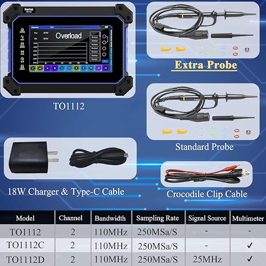Hantek Tablet Oscilloscope 110MHz Bandwidth 250MSa/S 8M Storage Depth with 7" Touch Screen(TO1112/110MHz+2CH)