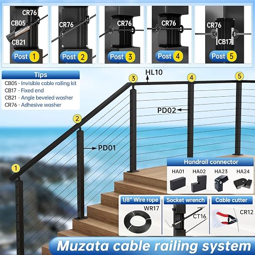 Muzata 20 Pack 3/8" ID Black Cable Railing Angle Washer 35 40 45 Degrees T316 Stainless Steel Black Angle Beveled Washer for 1/8" 5/32" 3/16" Cable Railing Hardware Kit CB21