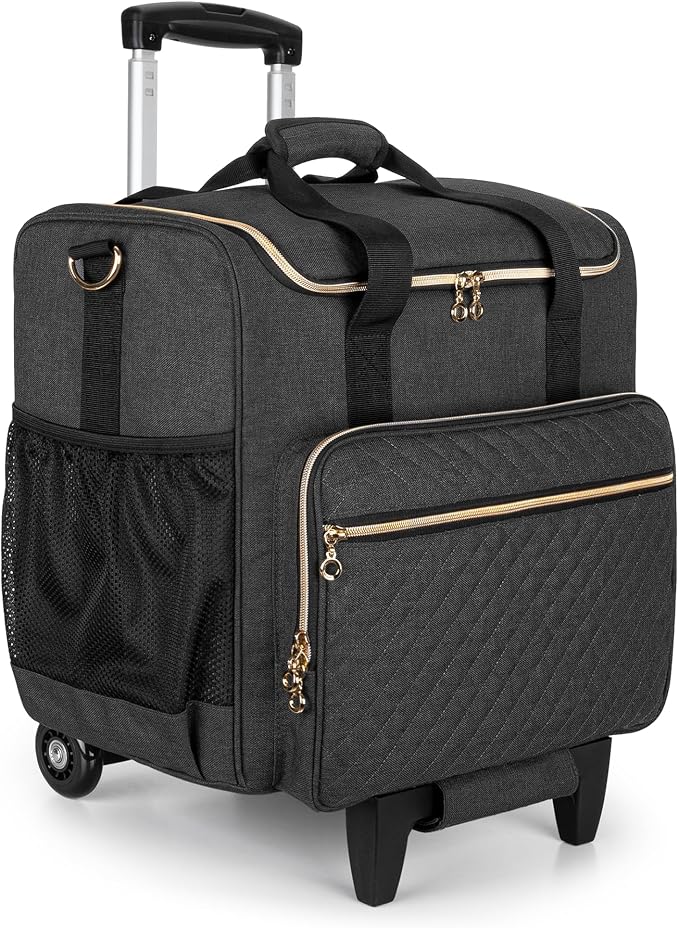 LUXJA Rolling Craft Bag with Pockets for 12 x 12 inch Scrapbook Album and Laptop, Rolling Scrapbook Tote with Detachable Dolly (Patent Pending), Black