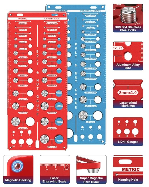 Magnetic Base 62 Nut and Bolt Thread Checker with 25 Standard & 25 Metric Sizes & 12-Hole Drill Bit Gauge, Bolt Size and Nut Size Identifier Gauge