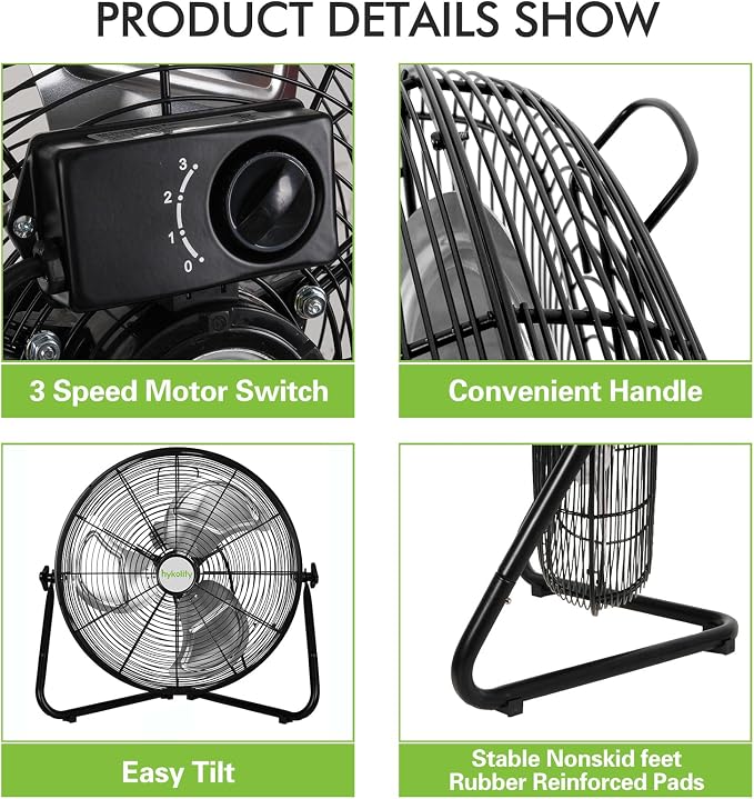 hykolity 20" High Velocity Floor Fan, 3-Speed 4650 CFM Heavy Duty Industrial Metal Shop Fan with Wall-Mounting System, Ideal for Commercial, Garage, Greenhouse and Gym