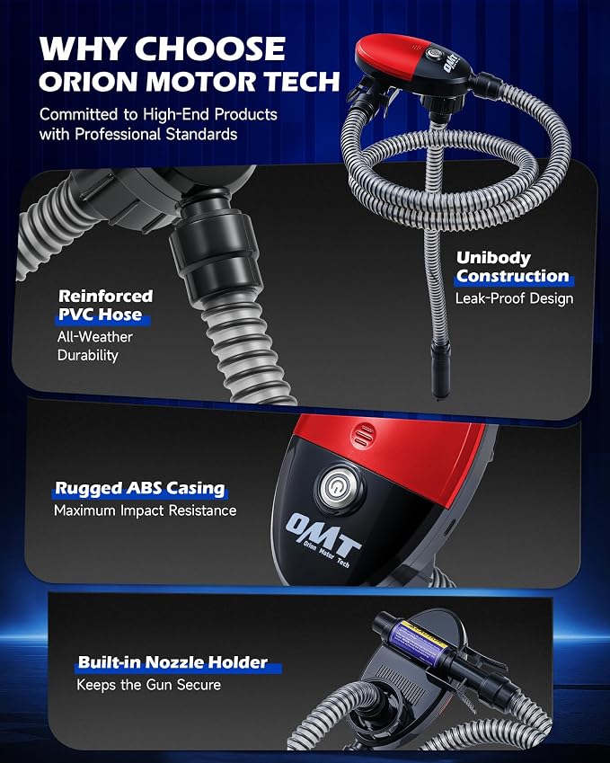 Orion Motor Tech Electric Fuel Transfer Pump with Auto-Shutoff, 3.2GPM Gas Can Pump, 51" Hose, USB-C & AA Battery (NO BATTERIES INCLUDED) Powered, 4 Adapters for Gasoline, Diesel, Kerosene, Red