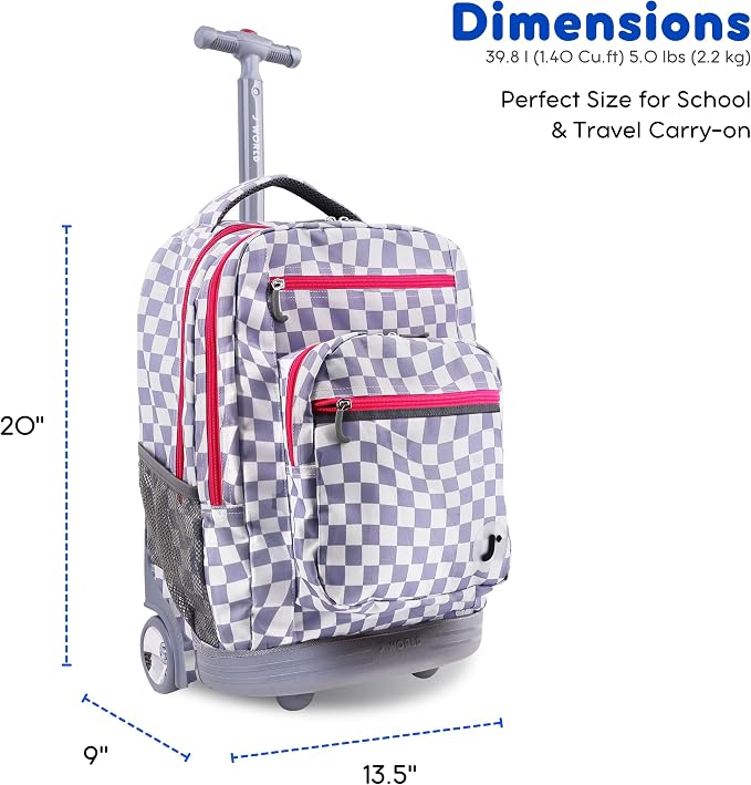 J World Sundance Laptop Rolling Backpack for Girls Boys. Roller Bookbag with Wheels, 20 Inch, Lavender Checkers